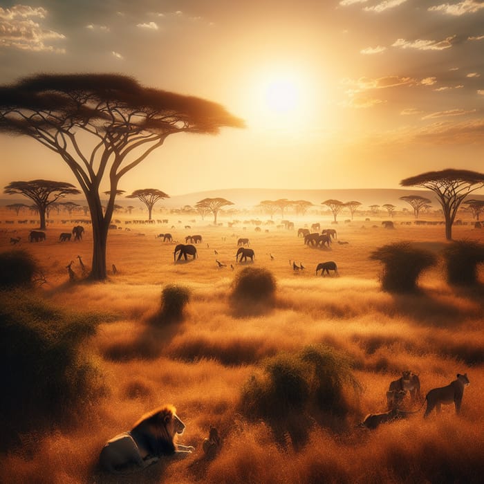 Breathtaking Savannah Landscape: Elephants, Lions & Acacia Trees