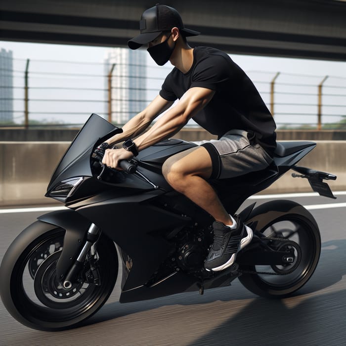 Slim Man Riding Black 200cc Speed Motorcycle on Highway with Nike Shoes