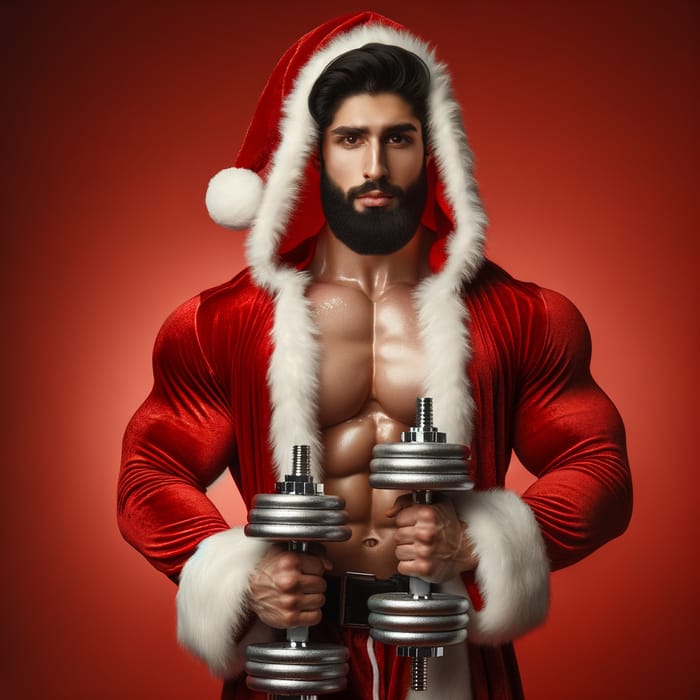 Santa Athlete with Dumbbells on Red Background