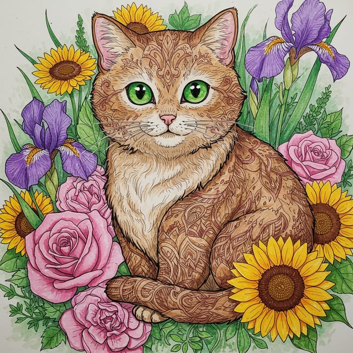 Cat Surrounded by Beautiful Flowers - Mandala Coloring Book