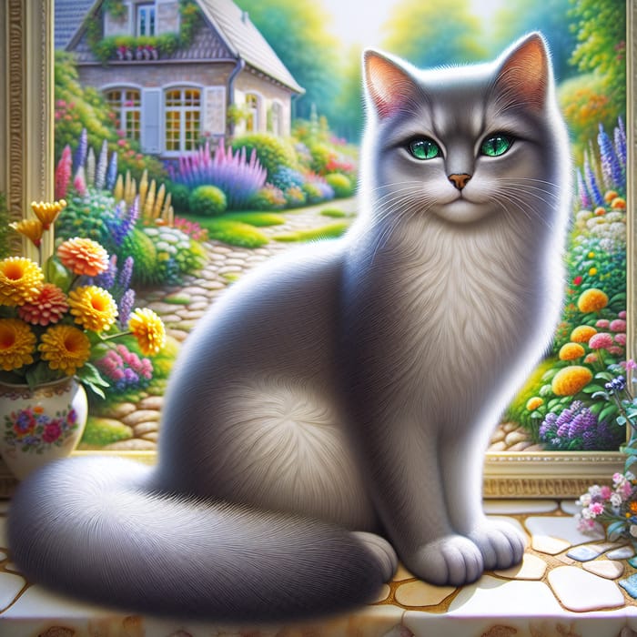 Detailed Gray Cat with Emerald-Green Eyes in Garden Scene