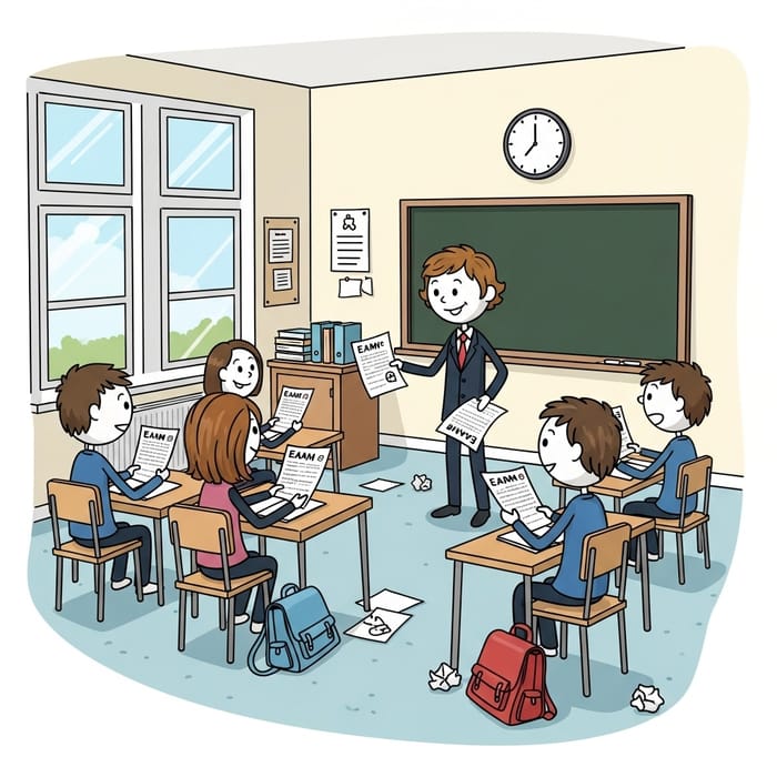 Stick Figure Classroom Scene with Teacher and Students