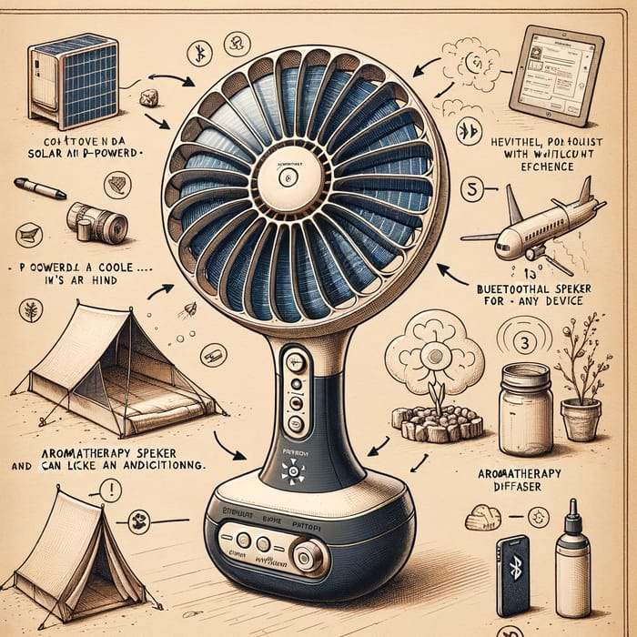 Sketch Drawing: Solar Hybrid Mini Fan with Cooling, Speaker & Aromatherapy