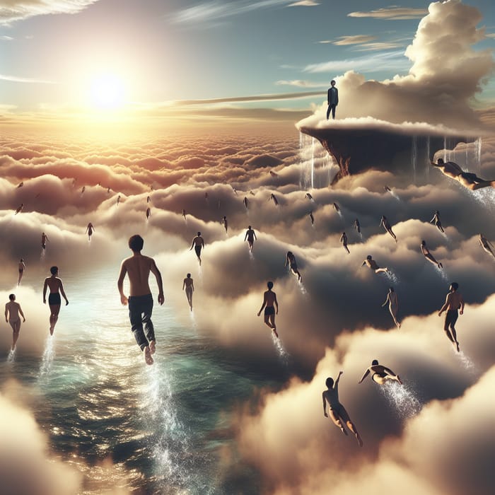 Magical Sky Scene with Floating Objects and Air Swimmers