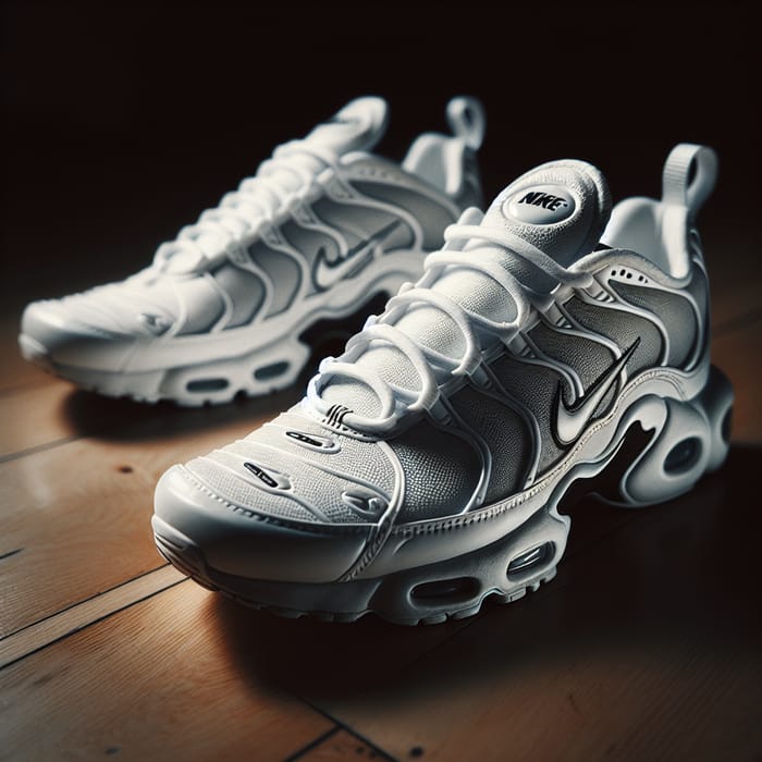 White Nike TN Sneakers on Polished Parquet Floor | Minimalist Still Life Photography