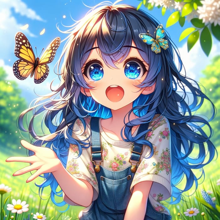 Captivating Anime Girl with Sparkling Eyes in Vibrant Blue Hair and Casual Outfit