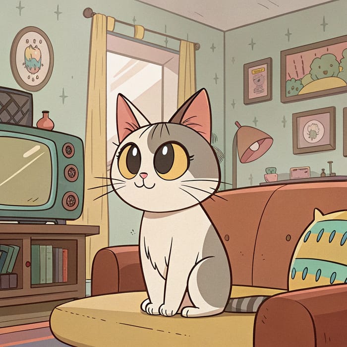Chill Cat on Couch in 90s Anime Style