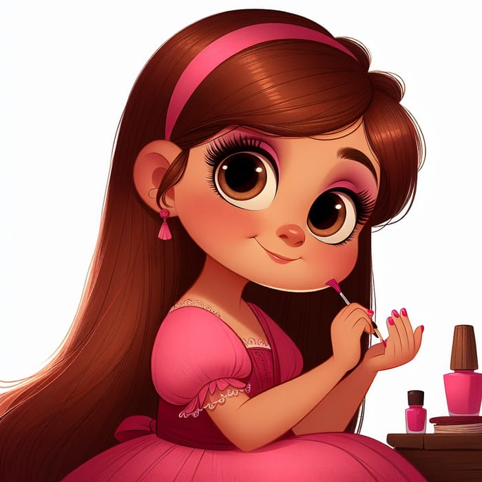 7-Year-Old Hispanic Girl in Pink Dress Painting Nails with Joy