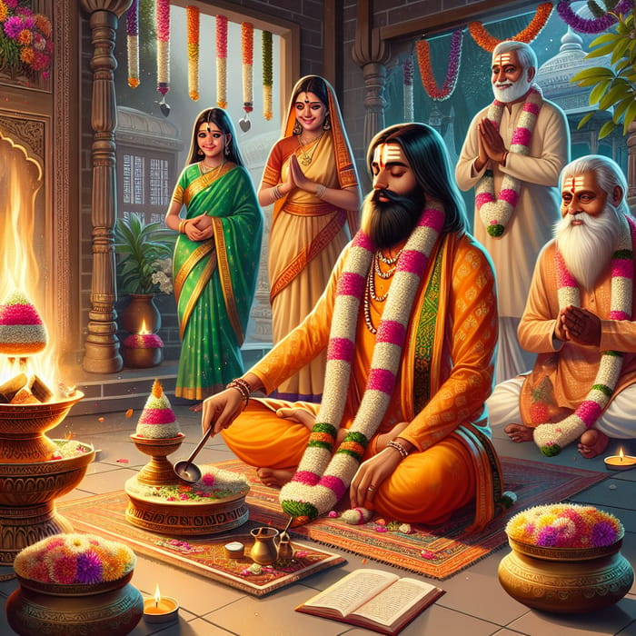 Indian Saint Conducting Sacred Havan Ritual with Devotee Family in Festive Green Attire