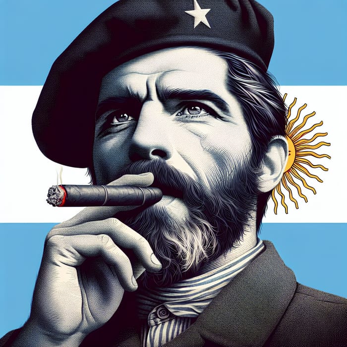 Argentinian Revolutionary Smoking Cigar on Flag