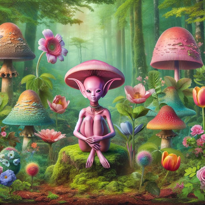 Enchanting Pink Forest Elf Among Mushrooms and Flowers