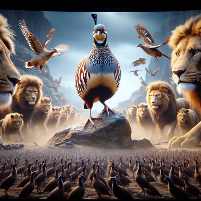 Fearless Partridge Leads Army to Victory Against Mighty Lions in Exquisite 4K 3D Rendering Fearless Partridge Leads Army to Victory Against Mighty Lions in Exquisite 4K 3D Rendering
