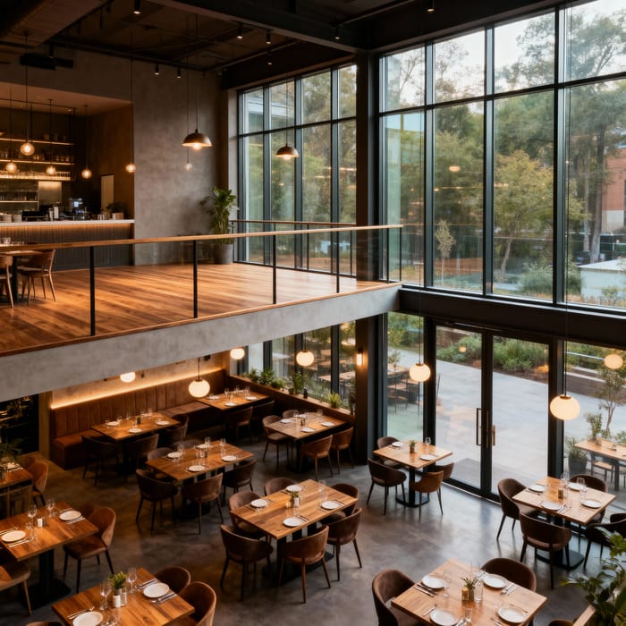 Cozy Loft Restaurant with Glass Windows