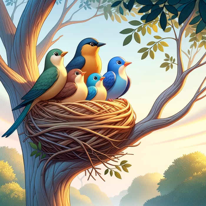 Five Birds Nest Animation - Naturalistic Avian Harmony