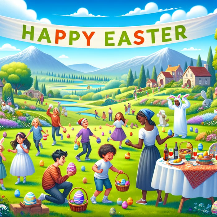 Happy Easter Scene: Egg Hunt & Bunny Fun for Kids of All Descents