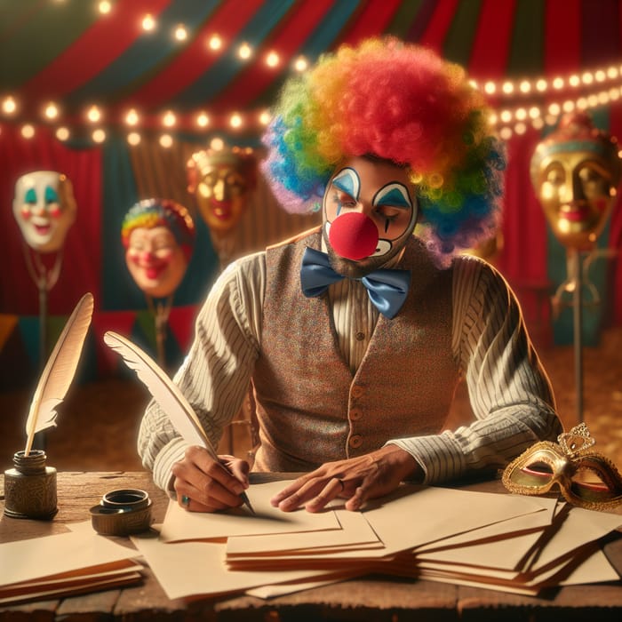 Engrossed South Asian Clown Writing Script in Colorful Circus Setting