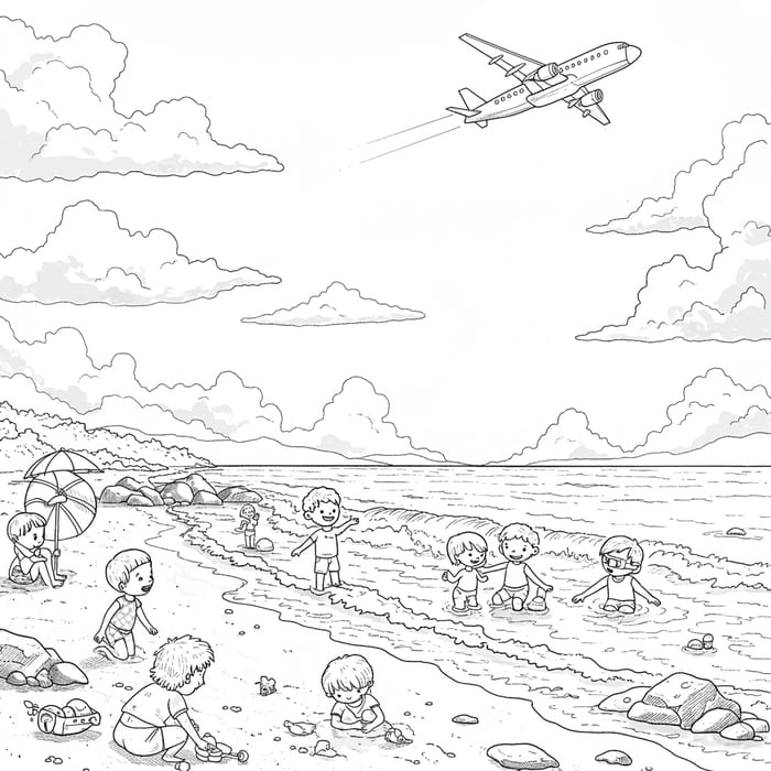 Beach Coloring Page: Kids Playing by the Sea Beach Coloring Page: Kids Playing by the Sea