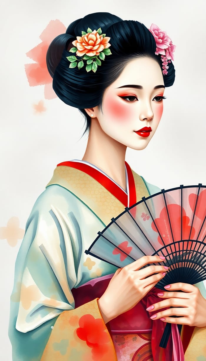 Elegant Geisha in Traditional Kimono Art