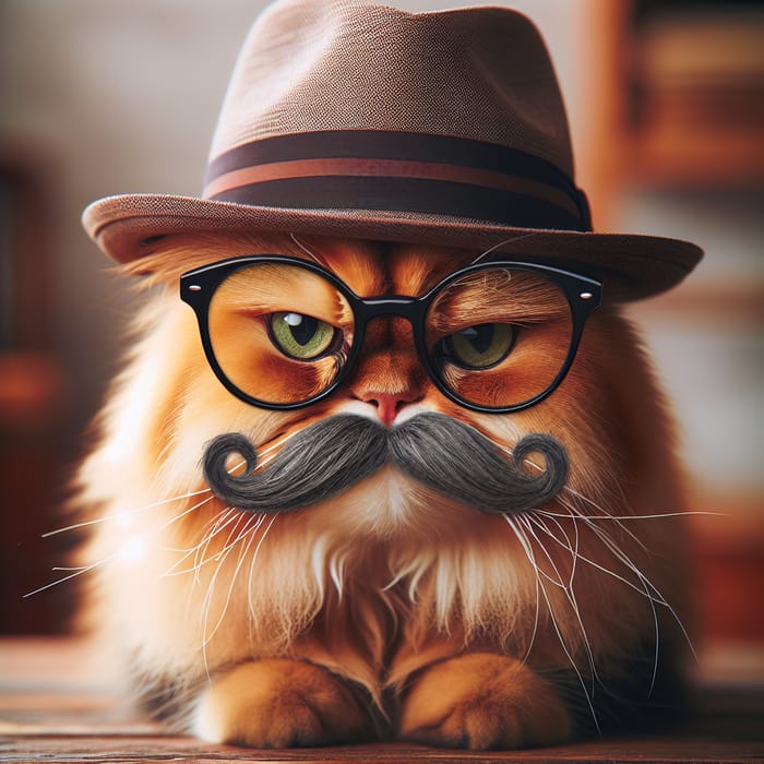 Angry Cat with Hat, Spectacles, and Moustache