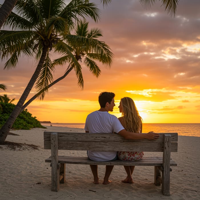 Sunset Beach Couple on a Bench