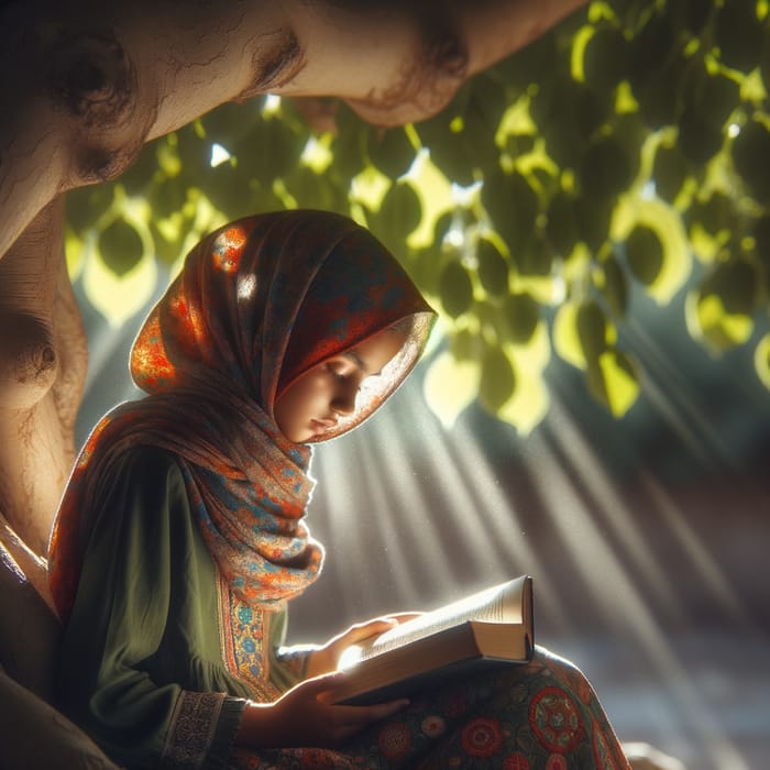 Veiled Girl Reading Outdoors