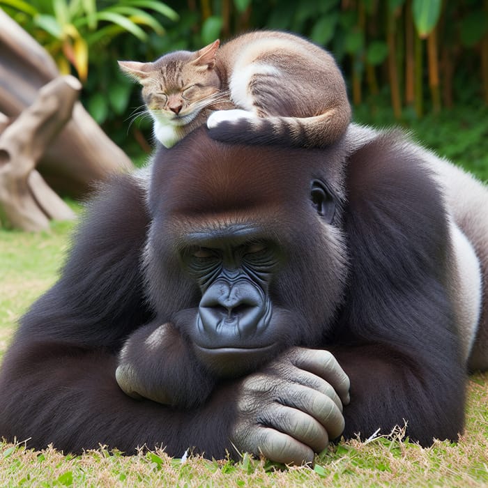 Chill Gorilla with Kitty: A Peaceful Coexistence Scene Chill Gorilla with Kitty: A Peaceful Coexistence Scene
