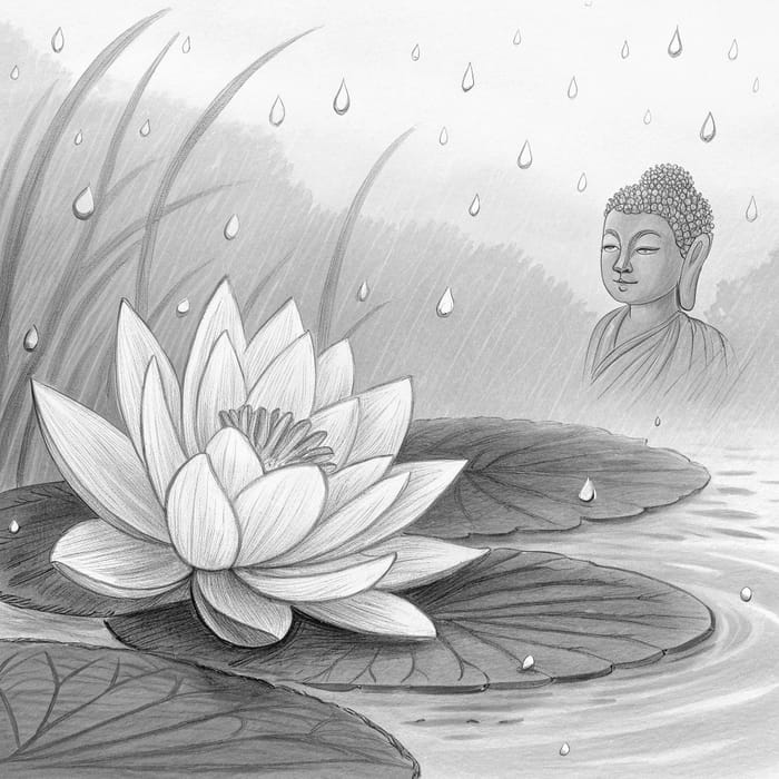 Pencil Sketch: Lotus Leaf & Buddha in Rain