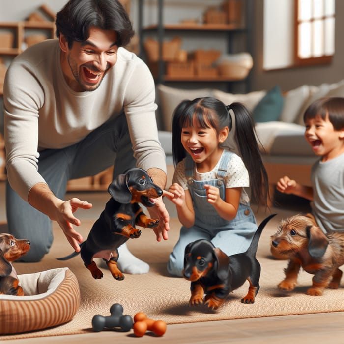 Dachshund Breeder Playing with Puppies and Children