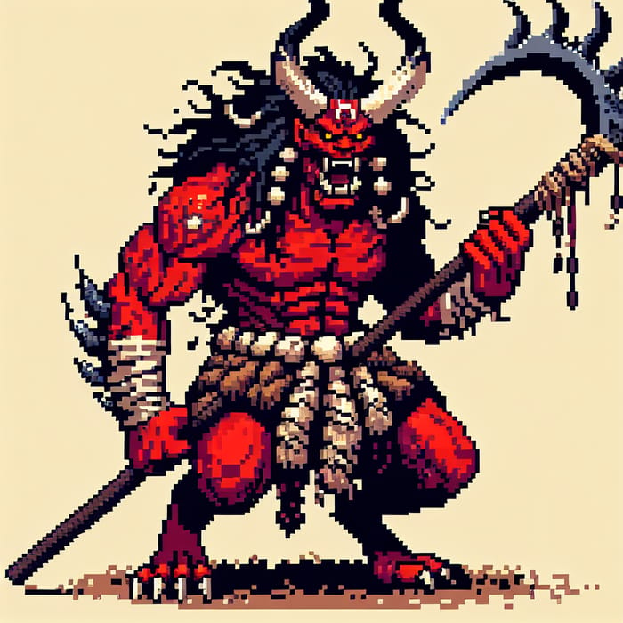 Pixel Art Male Oni with Glaive - Mythical Warrior