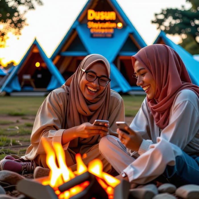 Malay Women in Baju Kurung Enjoying Campfire with Friends | Dusun Staycation Campsite