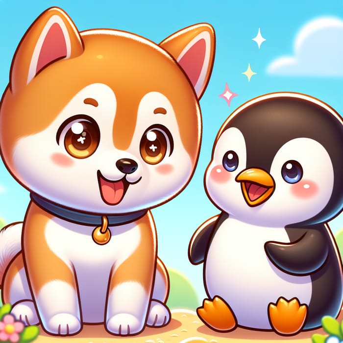 Cute Shiba Inu and Penguin Love Cartoon