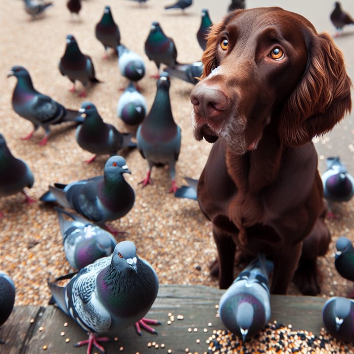 Pudelpointer Dog Playfully Watching Pigeons