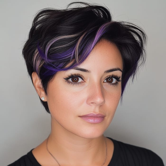 Chic Short Black Hair with Violet & Blonde Highlights