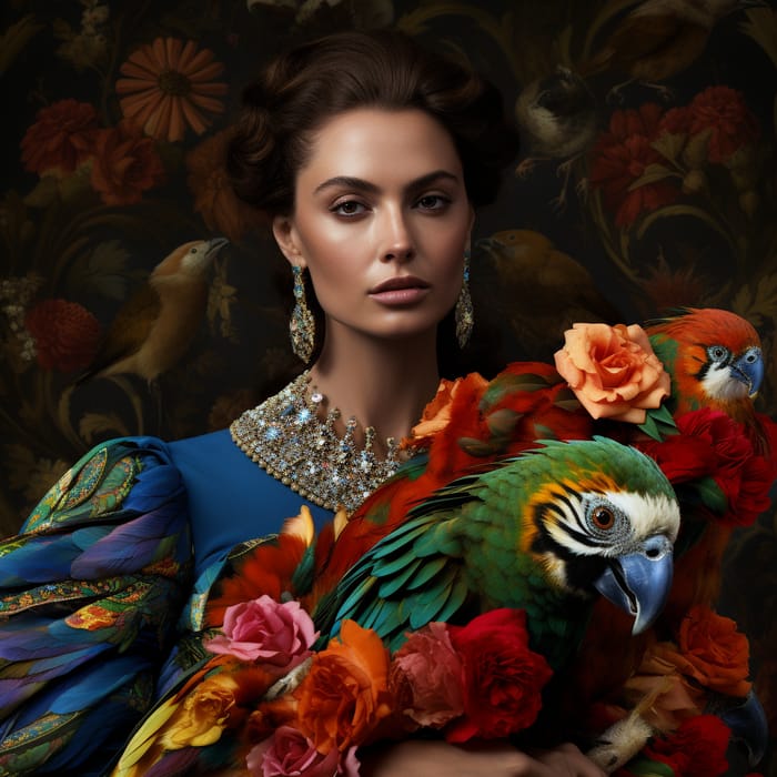 Vibrant Floral Fashion with Colorful Parrot