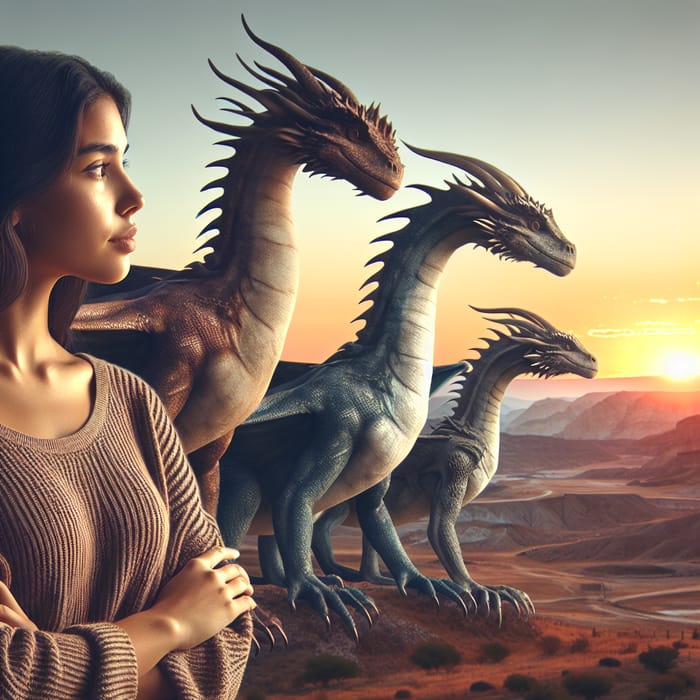 Hispanic Woman and Three Dragons at Dusk