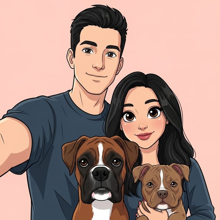 Cartoon Selfie of a Happy Couple with Dogs Cartoon Selfie of a Happy Couple with Dogs