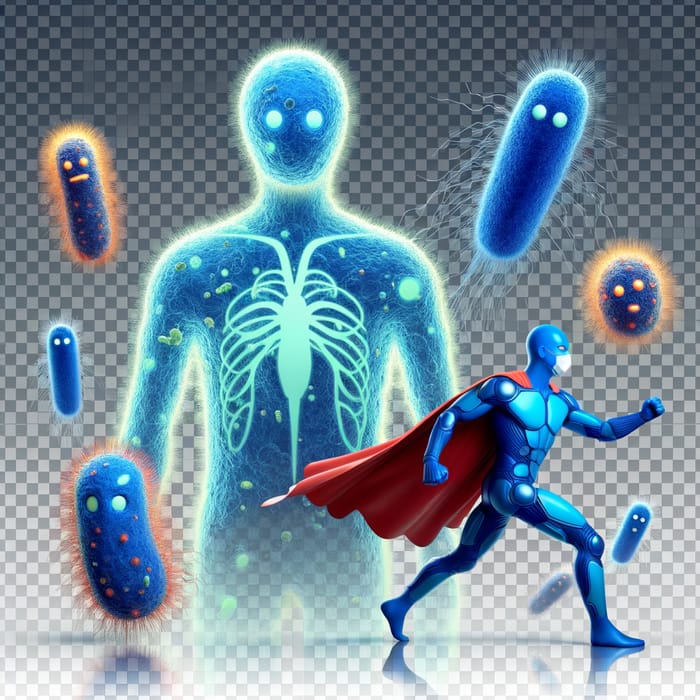 Blue Cape Superhero Battles Faceless Bacteria on Transparent Background