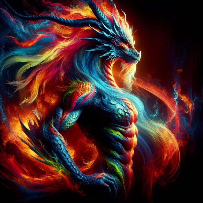 Majestic Dragon-Woman - Fiery Strength & Beauty in Fantasy Art