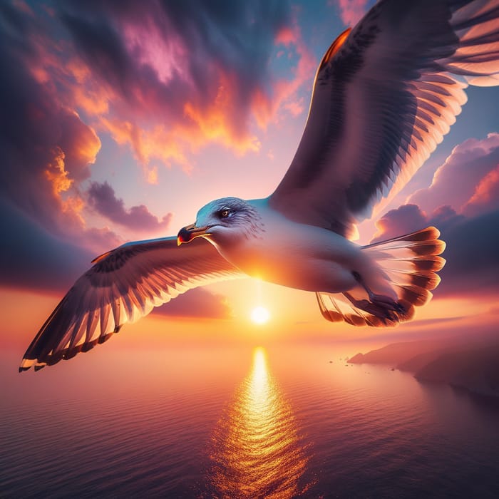 Majestic Seagull Soaring at Sunset | Tranquil Sea View with Graceful Flight