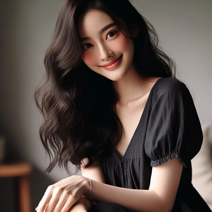 Asian Woman Smiling in Elegant Black Dress