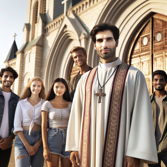 Multicultural Gathering at Historic Church with Priest