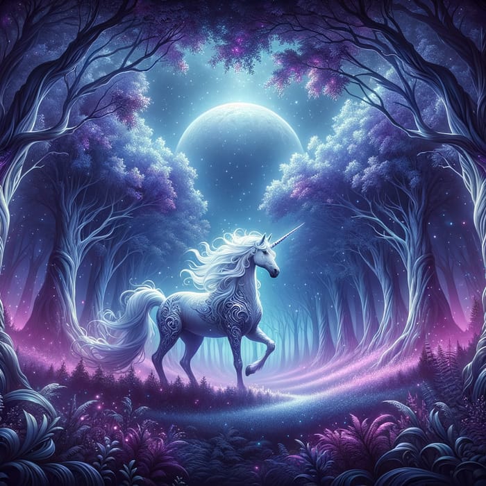 Majestic Unicorn in Enchanted Moonlit Forest | Ethereal Fantasy Art