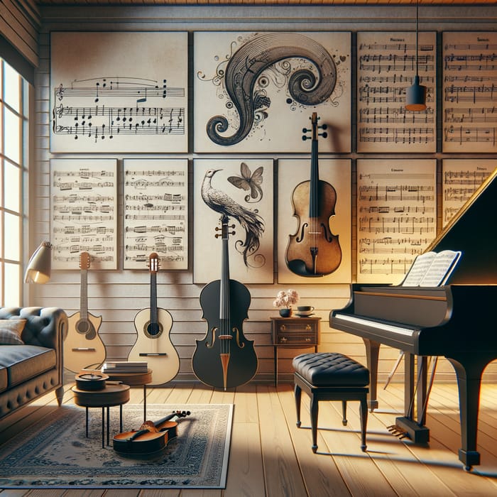 Creative Music Room with Grand Piano, Guitar, and Violin