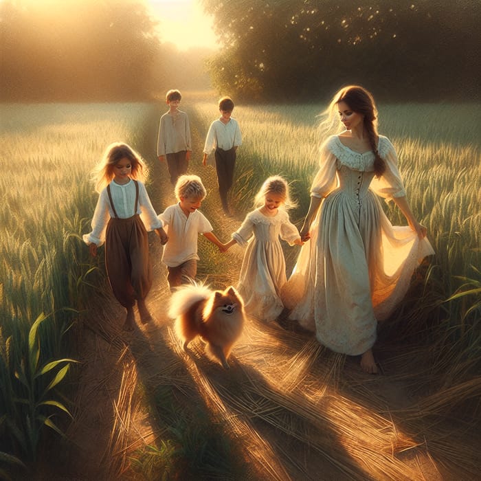 Impressionist Family Walking Through Sunlit Field with Pomeranian Dog