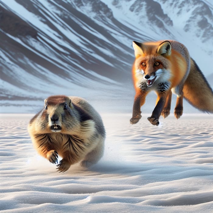 Scared Marmot on the Run from Tibetan Fox