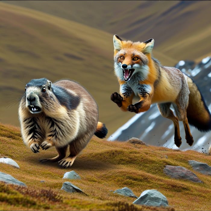 Scared Marmot Fleeing Tibetan Fox - Wildlife Encounter