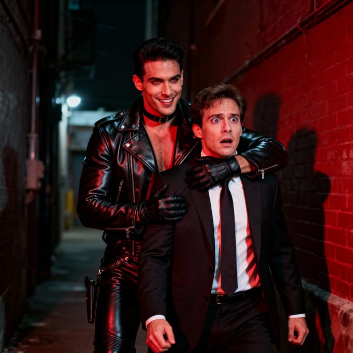 Seductive Leather Clad Man Behind Businessman Seductive Leather Clad Man Behind Businessman