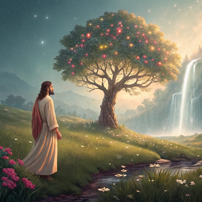 Jesus in a Beautiful Field with Waterfall