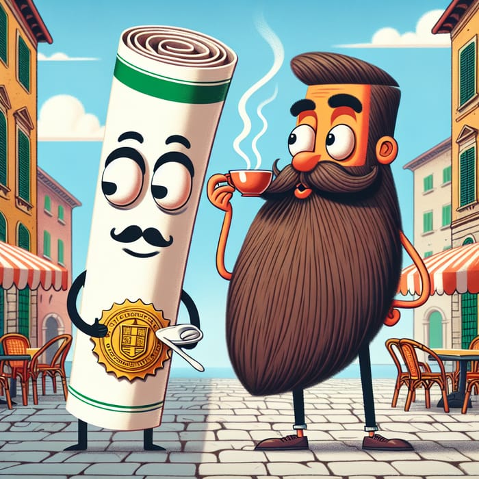 Humorous Cartoon: Italian Man & Paper Certificate Enjoying Coffee in Italy