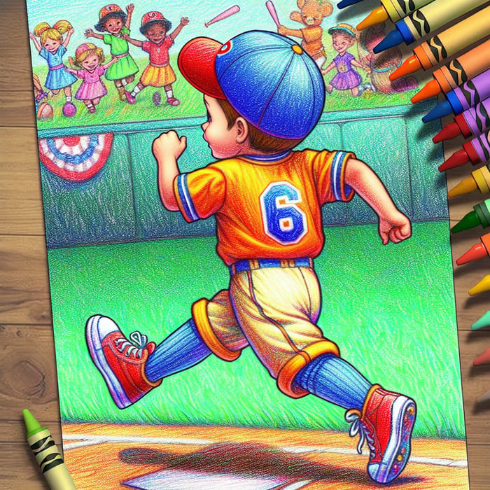 Whimsical Baseball Kid in Vibrant Crayon World